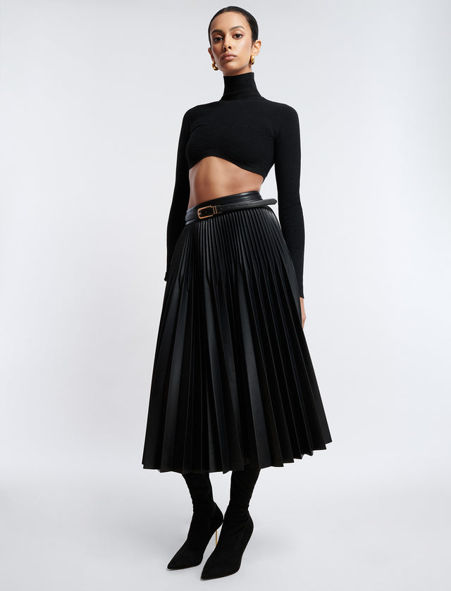Black Audette Pleated Midi Skirt | Bottoms | BCBGMAXAZRIA 2Y05B33E-BLK-0