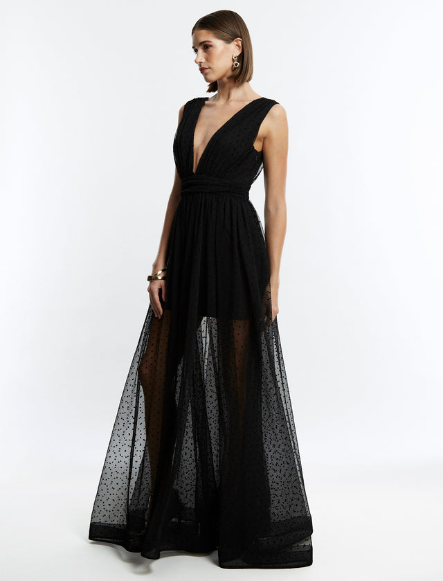Amal Pleated Plunging Gown | Dresses | BCBGMAXAZRIA 2Y07D10E-BLK-0