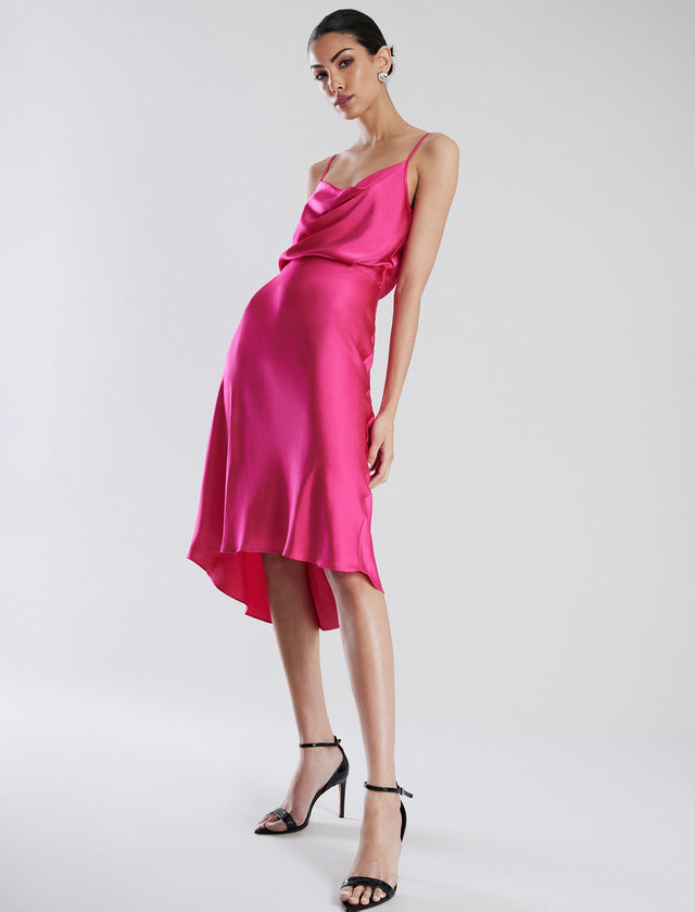 Pink A-Line Satin Midi Skirt | Bottoms | BCBGMAXAZRIA 2YX6B01E-PSN-XXS