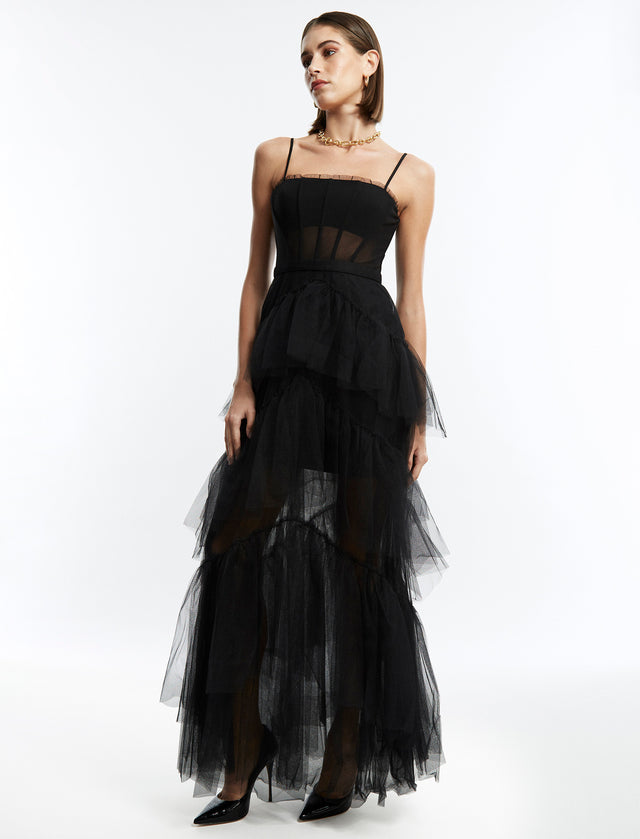 Black Oly Tiered Ruffle Tulle Gown | Dresses | BCBGMAXAZRIA MT02D17E-BLK-0
