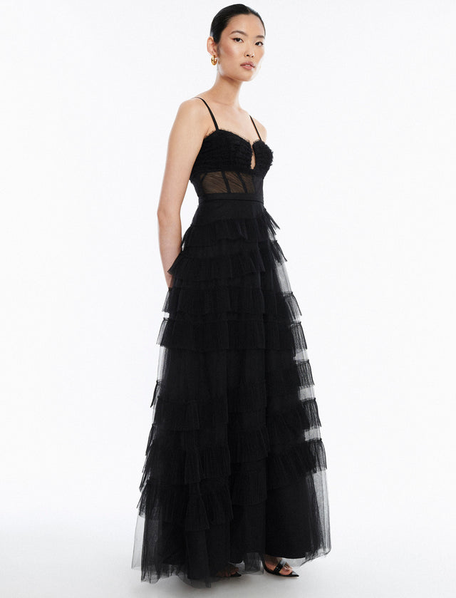 Black Ellis Tulle Ruffle Gown | Dresses | BCBGMAXAZRIA MY05D21E-BLK-0